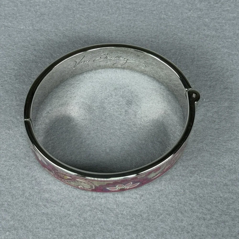 Vera Bradley Bracelet Paisley Meets Plaid Pink Silver Tone Clamper Bangle 7